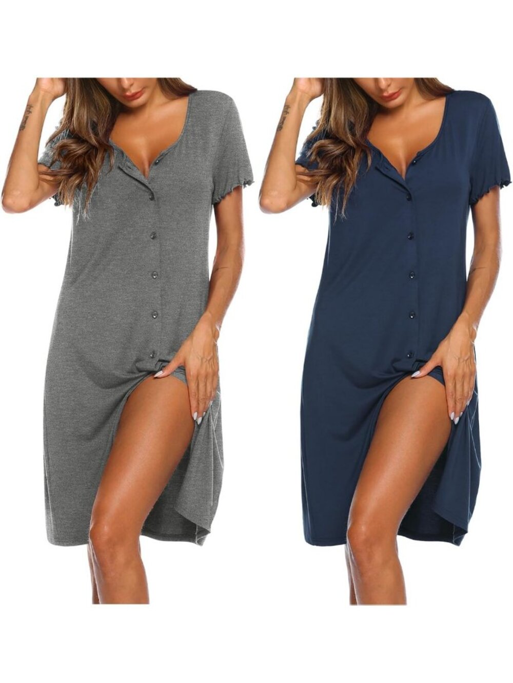 Cozy 2-Pack Women's Button Down Nightgowns | Short Sleeve V-Neck Pajama Dresses